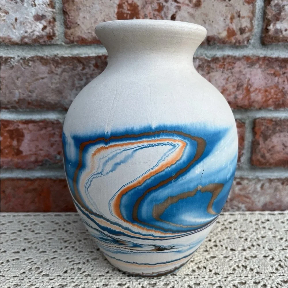 Nemadji Pottery Indian River Vase Blue Multicolor Swirl Design Made in USA VTG